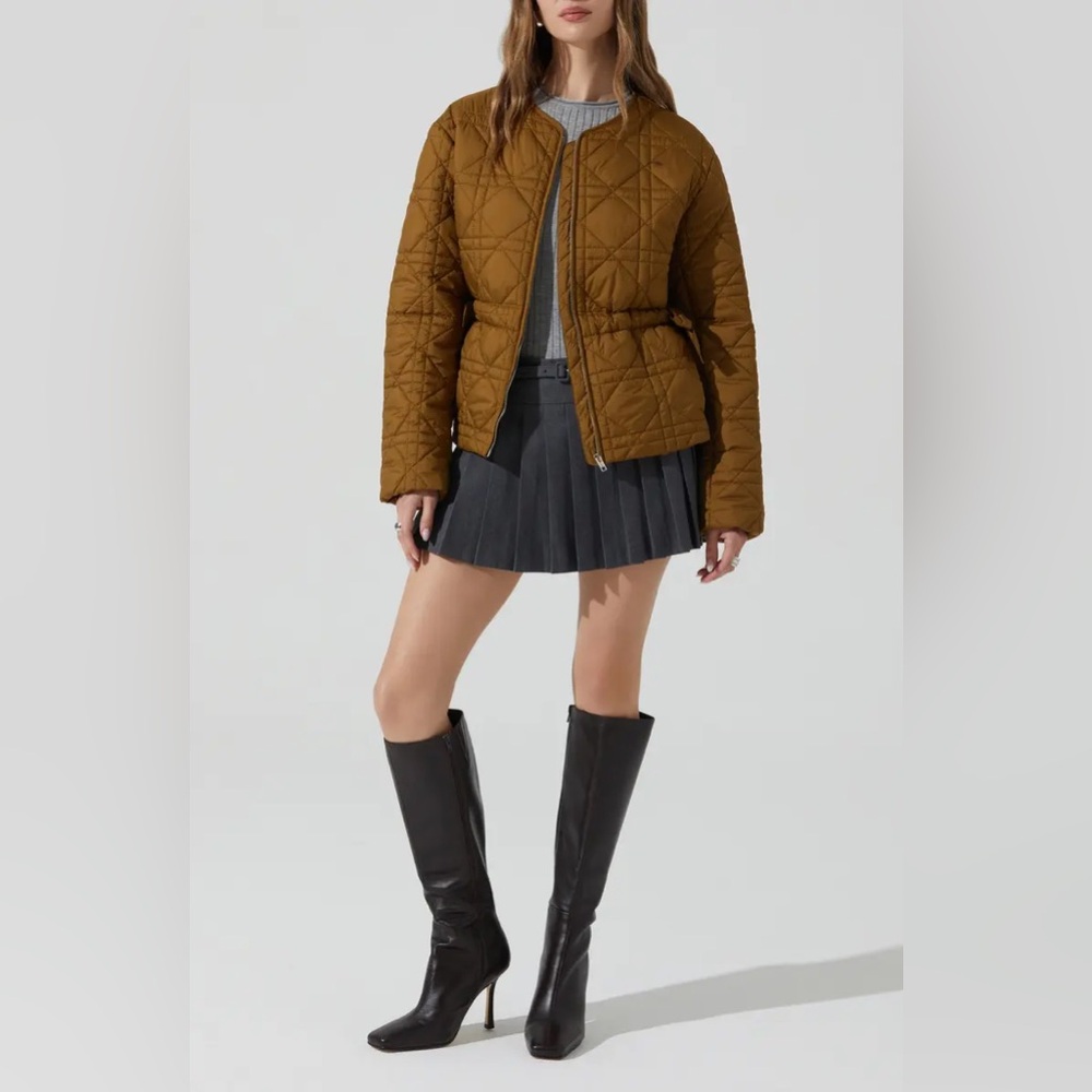 ASTR the Label Joslyn Quilted Jacket Small Olive Brown Side Tie Full Zip